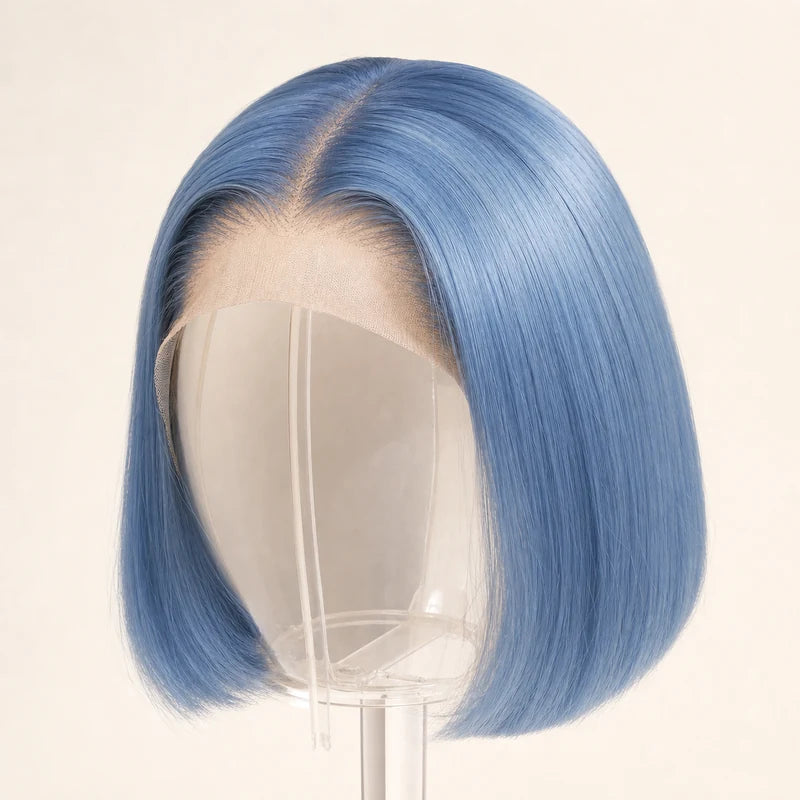 NMAhair Light Blue Straight Bob Wig 13x4 Lace Front Human Hair